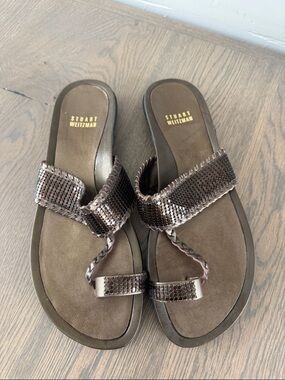 Stuart Weitzman Bronze Sequin Toe-Loop Sandals